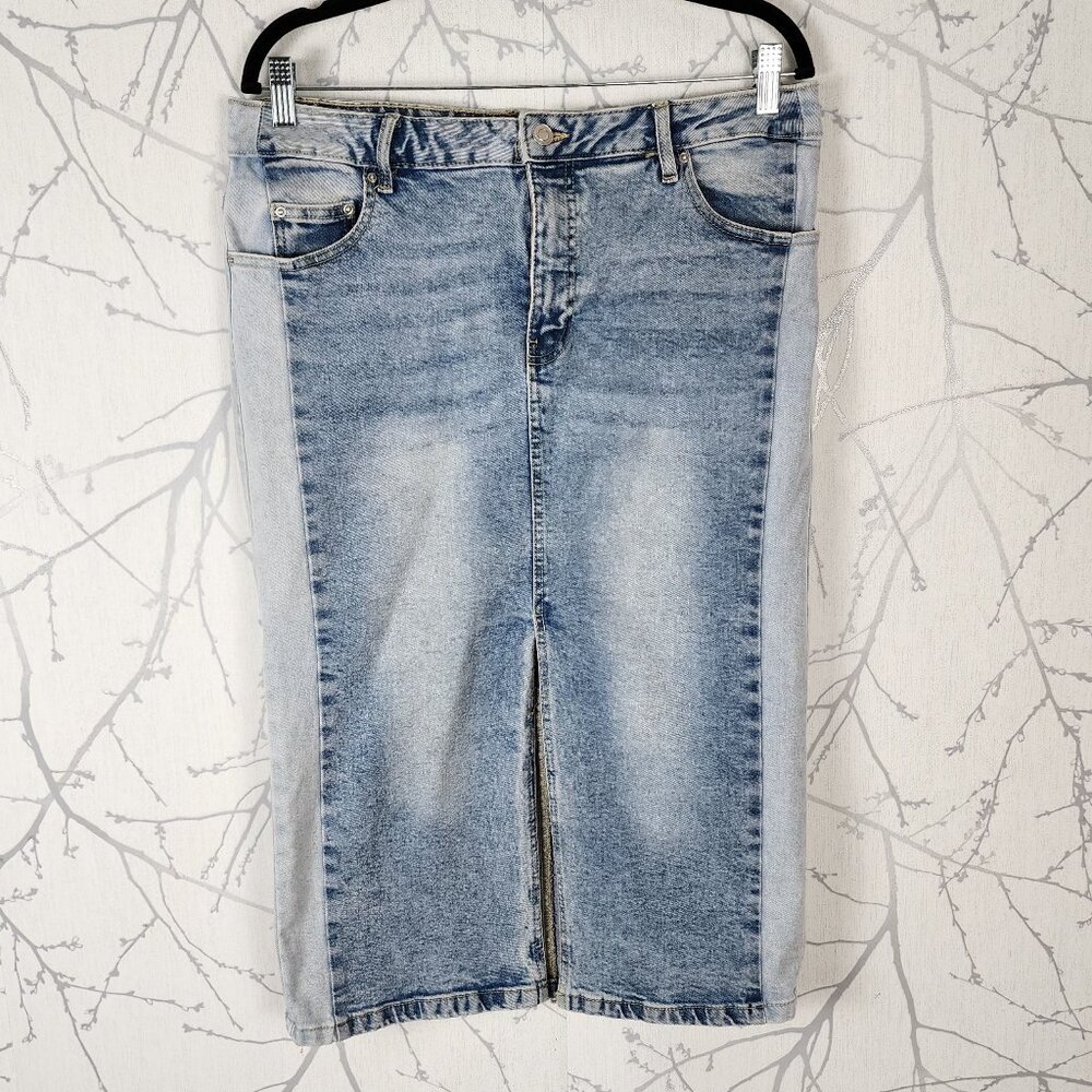 Suzy Shier Two Tone Stretch Denim Front Slit Midi Pencil Skirt